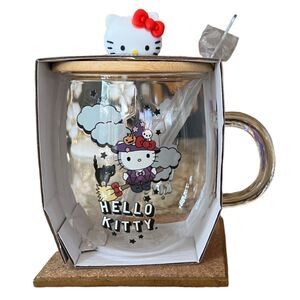 NIB Hello Kitty Glass Mug with Topper and Spoon